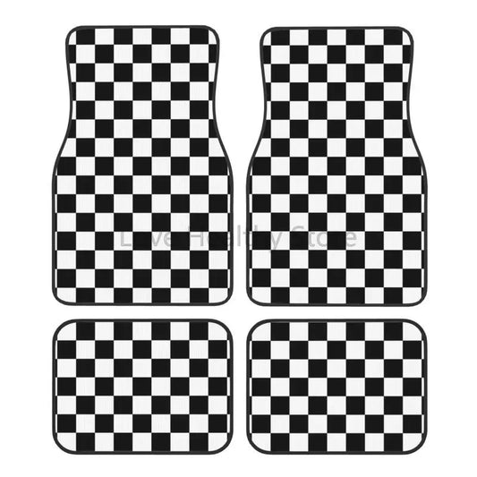 Plaid Car Floor Mats Set of 4 Geometric Checkered Plaid Pattern Vehicle Front and Rear Mats Black White Non-Slip Auto Foot Mats