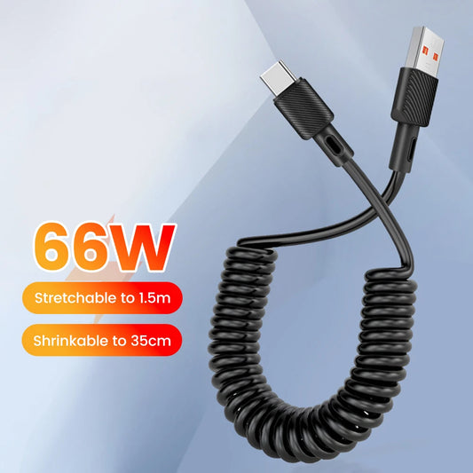 66W Fast Charging Car Spring Telescopic USB Type C Charging Cable for iPhone 15 16 Huawei Data Cable Type C to Type C Cable