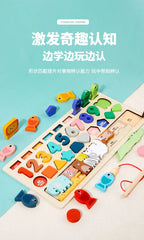 Kids Montessori Math Toys for Toddlers Educational Wooden Puzzle Fishing Toys Count Number Shape Matching Sorter Games Board Toy