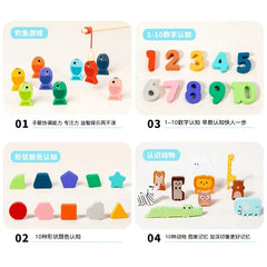 Kids Montessori Math Toys for Toddlers Educational Wooden Puzzle Fishing Toys Count Number Shape Matching Sorter Games Board Toy