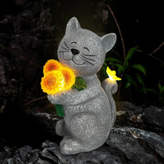 Solar Cat Outdoor Statues for Garden Outside Decor with Butterfly Sunflower Yard Art Lawn Ornaments Porch Patio Home Decor