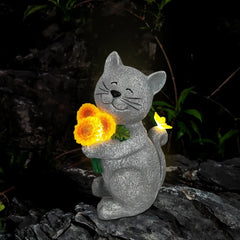Solar Cat Outdoor Statues for Garden Outside Decor with Butterfly Sunflower Yard Art Lawn Ornaments Porch Patio Home Decor
