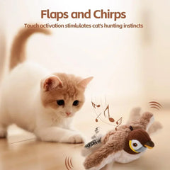 Interactive Cat Toy USB Rechargeable Chirping Flapping Sparrow Duck Bird-Shaped Touch Squeak Plush Toy with Catnip Pet Supply