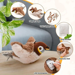 Interactive Cat Toy USB Rechargeable Chirping Flapping Sparrow Duck Bird-Shaped Touch Squeak Plush Toy with Catnip Pet Supply