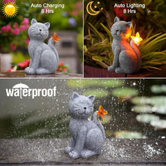 Solar Cat Outdoor Statues for Garden Outside Decor with Butterfly Sunflower Yard Art Lawn Ornaments Porch Patio Home Decor