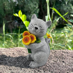 Solar Cat Outdoor Statues for Garden Outside Decor with Butterfly Sunflower Yard Art Lawn Ornaments Porch Patio Home Decor