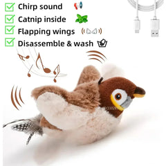 Interactive Cat Toy USB Rechargeable Chirping Flapping Sparrow Duck Bird-Shaped Touch Squeak Plush Toy with Catnip Pet Supply