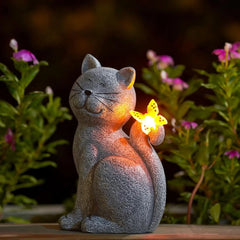 Solar Cat Outdoor Statues for Garden Outside Decor with Butterfly Sunflower Yard Art Lawn Ornaments Porch Patio Home Decor