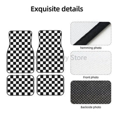 Plaid Car Floor Mats Set of 4 Geometric Checkered Plaid Pattern Vehicle Front and Rear Mats Black White Non-Slip Auto Foot Mats