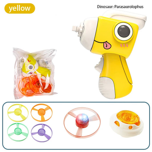 Children Saucer Launcher Pistol Outdoor Spinning Top Dinosaur Gun Toys Flying Disc Bamboo Dragonfly Ejection Luminous Gyroscope