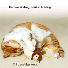 Interactive Cat Toy USB Rechargeable Chirping Flapping Sparrow Duck Bird-Shaped Touch Squeak Plush Toy with Catnip Pet Supply