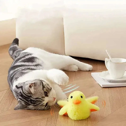 Interactive Cat Toy USB Rechargeable Chirping Flapping Sparrow Duck Bird-Shaped Touch Squeak Plush Toy with Catnip Pet Supply