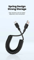66W Fast Charging Car Spring Telescopic USB Type C Charging Cable for iPhone 15 16 Huawei Data Cable Type C to Type C Cable