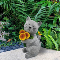 Solar Cat Outdoor Statues for Garden Outside Decor with Butterfly Sunflower Yard Art Lawn Ornaments Porch Patio Home Decor