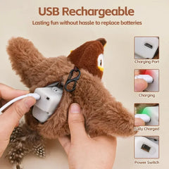 Interactive Cat Toy USB Rechargeable Chirping Flapping Sparrow Duck Bird-Shaped Touch Squeak Plush Toy with Catnip Pet Supply