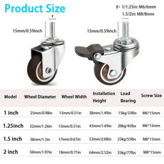 4 Pcs 1/1.25/1.5/2 inch Stem Caster Wheels Furniture Castor Wheels TPR Screw Rod Wheels Swivel Cartwheels for Carts Furniture