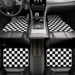 Plaid Car Floor Mats Set of 4 Geometric Checkered Plaid Pattern Vehicle Front and Rear Mats Black White Non-Slip Auto Foot Mats