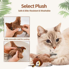 Interactive Cat Toy USB Rechargeable Chirping Flapping Sparrow Duck Bird-Shaped Touch Squeak Plush Toy with Catnip Pet Supply